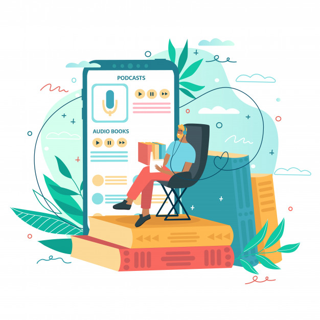 Premium Vector | Man is sitting and reading books. online audio book application, smartphone and colorful books on background. concept for mobile application for reading. illustration for landing page, ui, app.