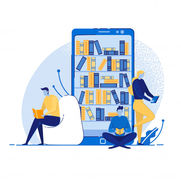 Онлайн концепция мобильной библиотеки, чтение книг. | Премиум векторы